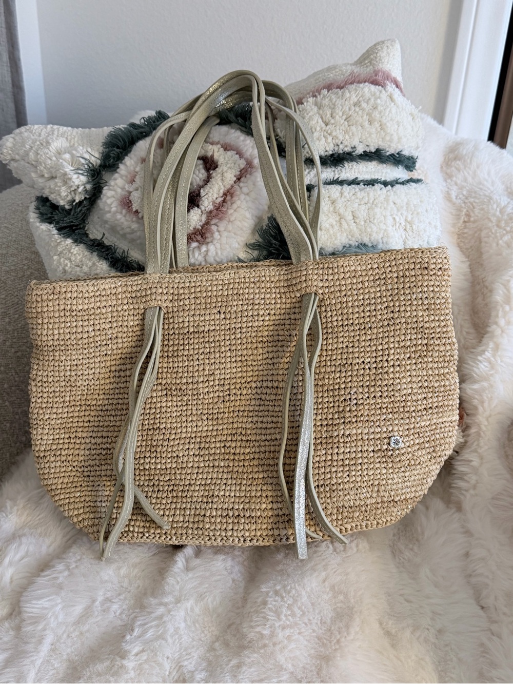 Woven Straw Tote with Light silver Beige Trim